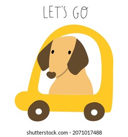 Let's go! Dachshund sitting in yellow car. Vector illustration on white background.