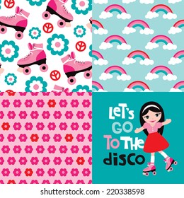 Let's go to the disco design with seamless rainbow flowers and roller skates background pattern in vector collection set