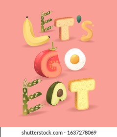 Let's go eat handcrafted sign. Food lettering on the pink background