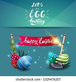 Let's go egg hunting, blue postcard template with lettering and Easter eggs and flag