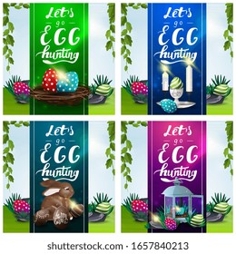 Let's go egg hunting, collection square postcards with Easter icons, letterings, colorful large ribbons and spring landscapes on background