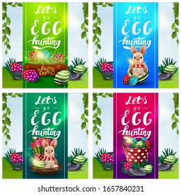 Let's go egg hunting, collection square cards with Easter icons, letterings and spring landscapes on background