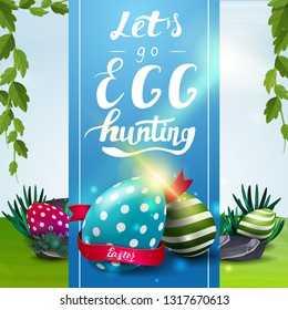 Let's go egg hunting, Easter postcard with spring landscape and Easter eggs