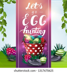 Let's go egg hunting, Easter postcard with spring landscape and bucket with Easter eggs