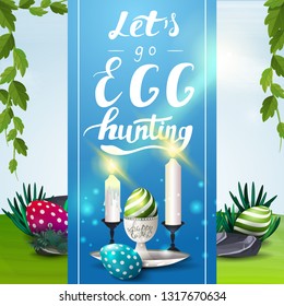 Let's go egg hunting, Easter postcard with spring landscape and Easter eggs and candles