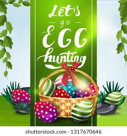 Let's go egg hunting, Easter postcard with spring landscape and basket with Easter eggs