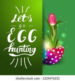 Let's go egg hunting, green postcard template with lettering and tulip growing from Easter egg