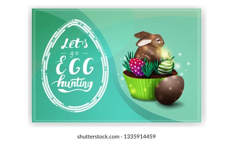 Let's go egg hunting, green postcard template with Easter egg in modern line style and Easter cake