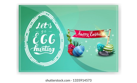 Let's go egg hunting, green postcard template with Easter egg in modern line style, Easter eggs and flag