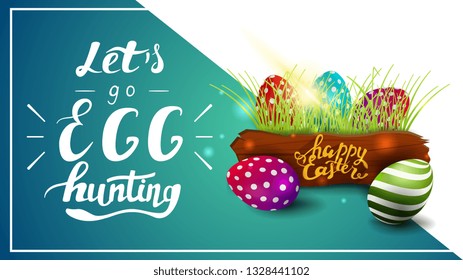 Let's go egg hunting, postcard template with lettering and Easter eggs