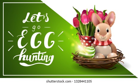 Let's go egg hunting, postcard template with lettering and Easter Bunny and tulips