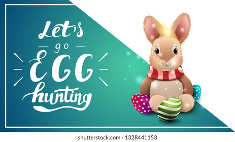 Let's go egg hunting, postcard template with lettering and Easter bunny