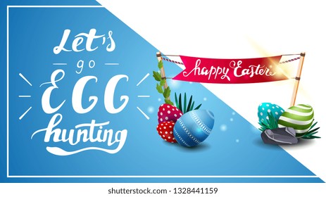 Let's go egg hunting, postcard template with lettering, Easter eggs and flag