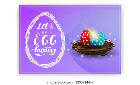 Let's go egg hunting, purple postcard template with Easter egg in modern line style and Easter eggs in the nest