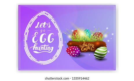 Let's go egg hunting, purple postcard template with Easter egg in modern line style and Easter eggs