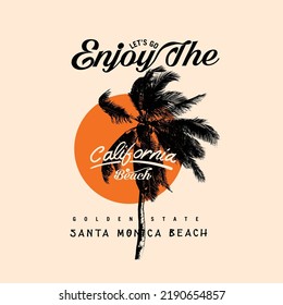 Lets go Enjoy the California beach, Santa Monica beach, Tropical sunset. Surf and beach. Vintage beach print. Tee graphic design