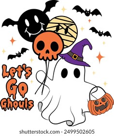 let's go ghouls Halloween Spooky Cute Ghost with Skulls and Bat Pumpkin hand drawn Clipart Illustration for decorate invitation greeting celebration card poster sticker party craft project backgrounds