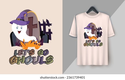 Let's Go Ghouls - Retro Halloween Cute T-shirt Design with groovy style, Boo, Ghost, pumpkin, witch, etc 