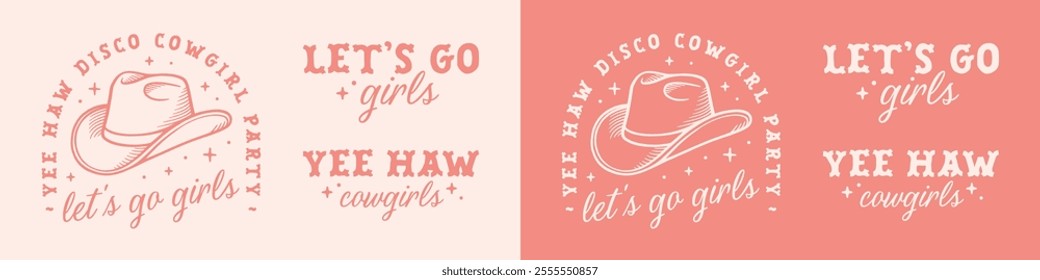 Let's go girls disco cowgirl party preppy pink girly aesthetic quotes yee haw sticker pack bundle set. Celestial cowboy hat printable letterings retro boho groovy country girl shirt design cut file.