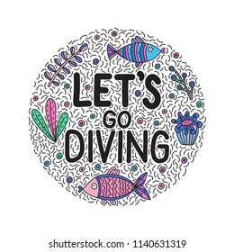 Let's go giving. Lettering quote with cute fishes and seaweeds. Background with lots of objects in heart shape