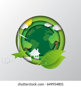 Let's Go To The Green Earth.With Eco And Nature Concept Design Paper Art Style Vector Illustration.