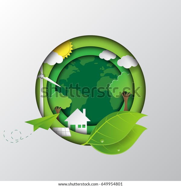 緑の地球に行こう エコと自然のコンセプトデザイン紙のアートスタイルベクターイラスト のベクター画像素材 ロイヤリティフリー