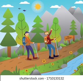 let's go hiking flat vector illustration