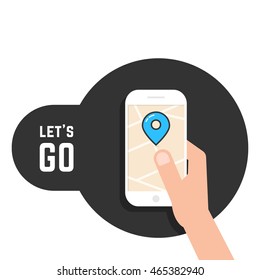 lets go like mobile game. concept of mapping, cartography tag, tracking, going, geolocation, roadmap, traffic, tour, player. flat style trend modern logo design vector illustration on white background