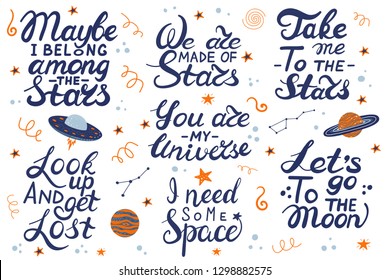 Lets go to the moon. Hand drawing lettering for a poster on the theme of space. The Milky Way, the galaxy and the stars, ufo. Vector illustration for t-shirt, greeting card or hoodies