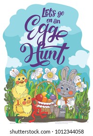 Let's go on an Egg Hunt - Easter theme greeting card with fancy lettering and cartoon illustration