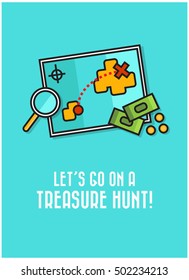 Let's Go On A Treasure Hunt! (Map With Magnifying Glass and Money Line Icon Quote Poster Design)