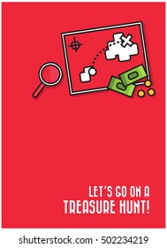 Let's Go On A Treasure Hunt! (Map With Magnifying Glass and Money Line Icon Quote Poster Design)