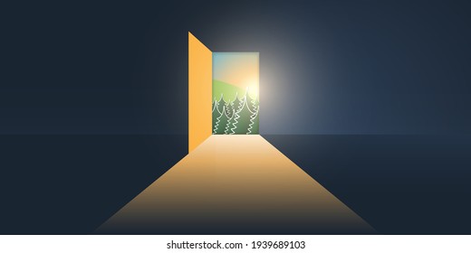 Let's Go Outside - Dark Room, Light Coming In Through an Open Door - New Possibilities, Hope, Overcome Problems, Solution Finding Concept, Background or Design Template 