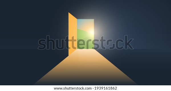 Let\'s Go Outside - Dark\
Room, Light Coming In Through an Open Door - New Possibilities,\
Hope, Overcome Problems, Solution Finding Concept, Background or\
Design Template 