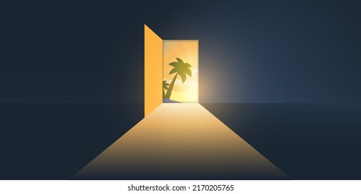 Let's Go Outside, Find the Paradise in Life - Dark Room, Light Coming In Through an Open Door - New Possibilities, Hope, Overcome Problems, Solution Finding Concept, Background or Design Template