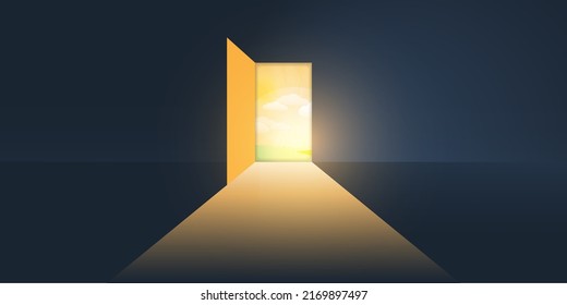 Let's Go Outside to See the Sky - Dark Room, Light Coming In Through an Open Door - New Possibilities, Hope, Overcome Problems, Solution Finding Concept, Background or Design Template