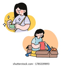 Let's Go Outside or Tidy Up Our Stuff Doodle Draw Vector Illustration