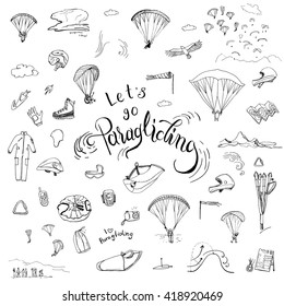 Let's go paragliding. Hand drawn lettering and doodles of paragliding gear.