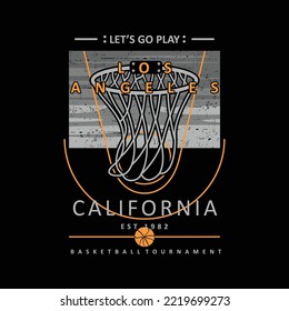 let's go play, los angeles, california, basketball label, print, t-shirt design, vector illustration. Slam dunk shooting technique.
