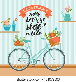 Let's go ride a bike. Awesome summer illustration in pastel colors. Vintage bicycle with floral basket. Cute bouquet in vases on shelves.