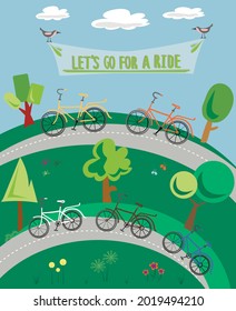 
Let's go for a ride. Poster with bicycles for walking. Print for T-shirts, posters, textiles, wallpapers, cards, messages and other designs.