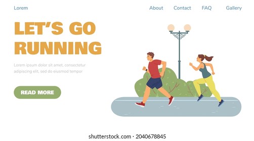 Lets go running website interface concept with running sportive man and woman in park, flat vector illustration. Landing page template for run competition or marathon.