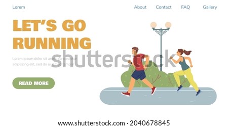 Lets go running website interface concept with running sportive man and woman in park, flat vector illustration. Landing page template for run competition or marathon.