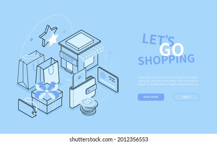 Lets Go Shopping - Line Design Style Isometric Web Banner. Classic Shopping Idea With Blue Background And Text Box. Credit Card, Cash Payments, Gifts, Bargains, Wallet, Coins, Dollar Images