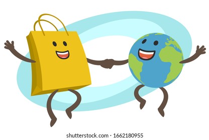 Let's go shopping! Planet Earth Character and Shopping Bag Character dancing. Joyful meeting. Sweet couple jumps holding hands. Vector Illustration.