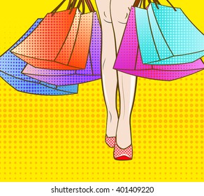 Let's go shopping. vector illustration. Pop art style. black friday sale, seasonal spring summer winter autumn sales. Discount time. mall, retail. Fashion days. Retro halftone dots