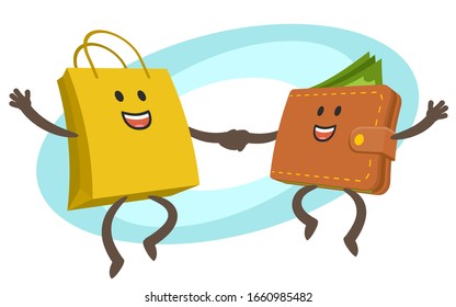 Let's go shopping! Wallet character and shopping bag character dancing. Joyful meeting. Sweet couple jumps holding hands. Vector Illustration.