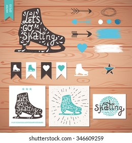 Let's Go Skating typography. Ice Skates label logo design. Skating boot on wood background with retro design elements: arrow, heart, banner, curls and star. Vector illustration.