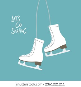 Vamos Tipografía de patinaje, pancarta de invierno. Inscripción en patines de hielo. Icono de esbozo del vector plano dibujado a mano aislado en fondo azul. Deportes de invierno y estilos de vida activos. Botas de patinaje sobre hielo. 