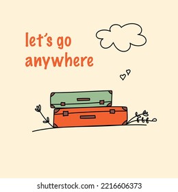 lets go somewhere. cute card, suitcases, cloud